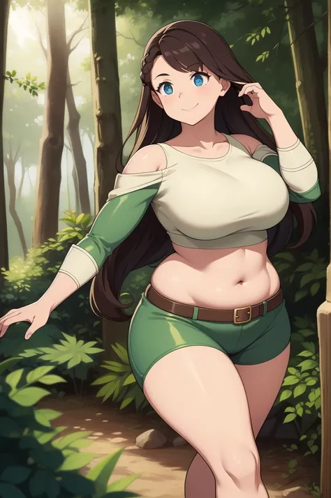 1woman, adventurer, medieval, walking through the forest , smiling, curvy, soft midriff, squishy midriff. squishy, soft. chubby midriff. squishy soft waist.