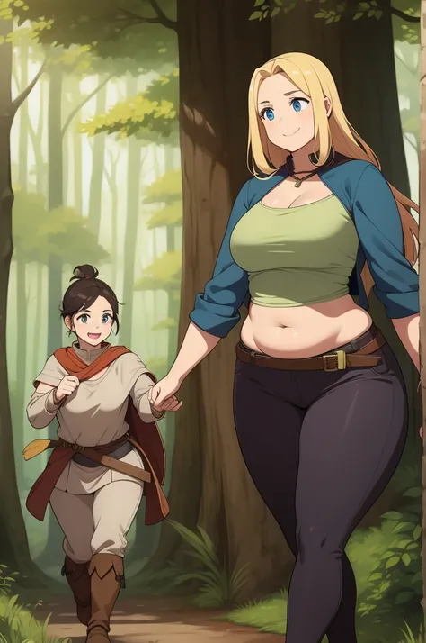 1woman, adventurer, medieval, walking through the forest , smiling, curvy, soft midriff, squishy midriff. squishy, soft. chubby midriff. squishy soft waist.