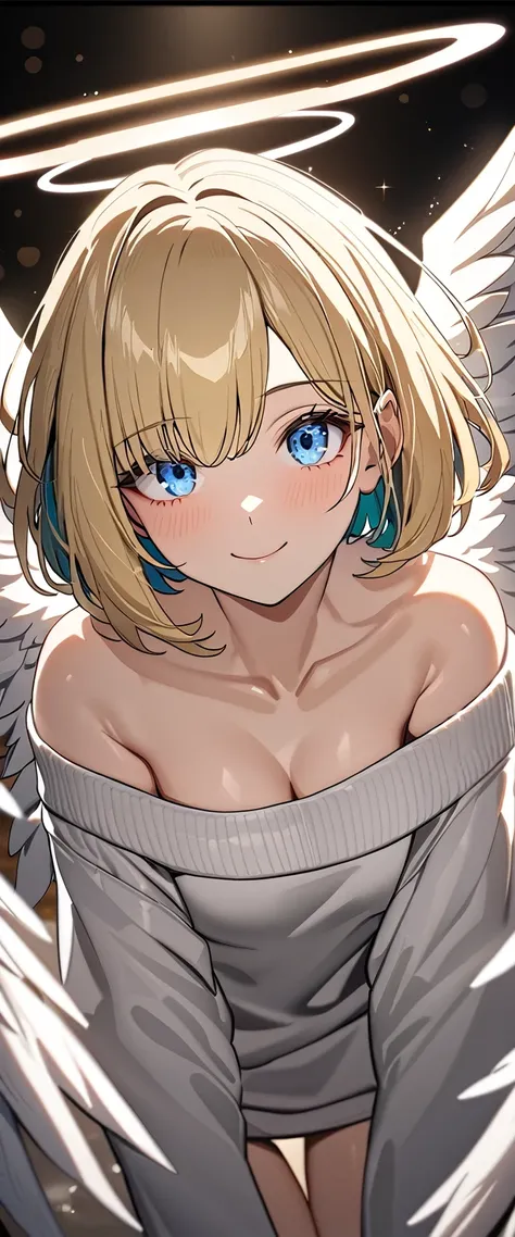 (((One girl))), (((cowboy shot))), ((flying)), ((angel, big big white wings:1.2, halo:1.3)), Uriel, ((wavy hair, outward curled hair)), evening, Sunset, ((blond hair, bob cut:1.3)), breasts, teenager, (looking at viewer), oversized clothes, puffy long slee...