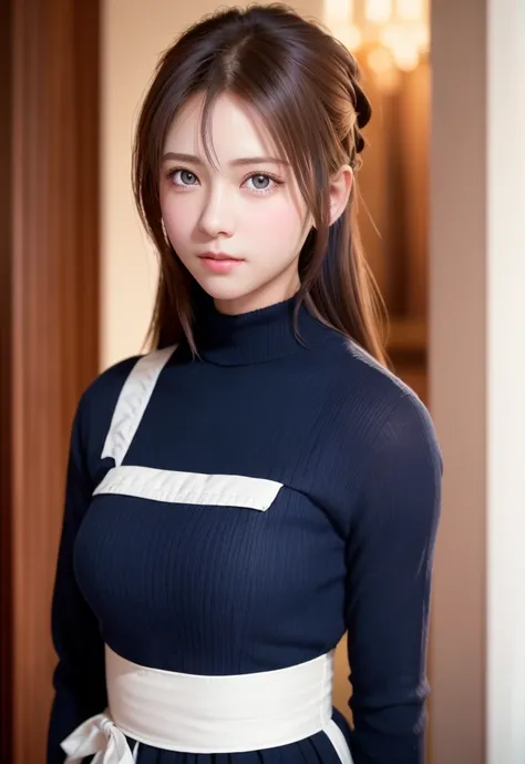 8K, of the highest quality, masutepiece:1.2), (Realistic, Photorealsitic:1.37), of the highest quality, masutepiece, Beautiful young woman, Pensive expression,、A charming、and an inviting look, Cute Maid Clothes, Hair tied back, Cinematic background, Light ...