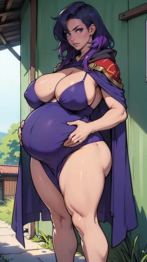 Mulher pregnant com vestido roxo gigante, high qualiy, awardwinning, high resolution, 8K , standing alone, 1woman, from the front, mellow, milf, purple cropped hair, blue colored eyes, long cloak decotado , tall woman, 29-years-old, milf, cuvilinear body, ...