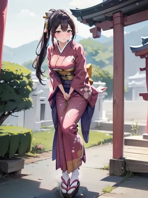 nsfw, (masterpiece, top quality, best quality, highly detailed:1.6), extremely detailed CG unity 8k wallpaper, (1 woman standing on the shrine, outdoor, Pastel Colors kimono:1.5), (Maxi Length), strong facial expression, (sharp eye:1.2), (scowl:1.1), (emba...