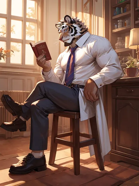 bara extremely handsome white tiger, {{white fur,}} white, wearing purple trench coat purple trousers and white dress shirt and necktie, white fluffy furry body and limbs, loafers, very tall, very broad shoulders, narrow waist, muscular arms, massive pecs,...