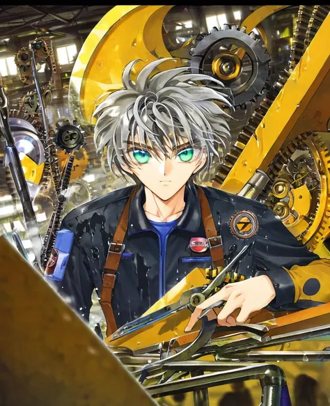 "create an anime-style close-up artwork of a young boy mechanic with detailed, high-quality eyes. he has messy, oily hair and we...