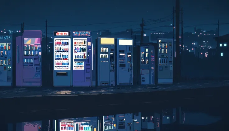 レトロアニメスタイル, 1980s anime, hand-drawn animation, セルシェーディング, night view of downtown area, night, cloudy, ネオンサイン, vending machine, h...