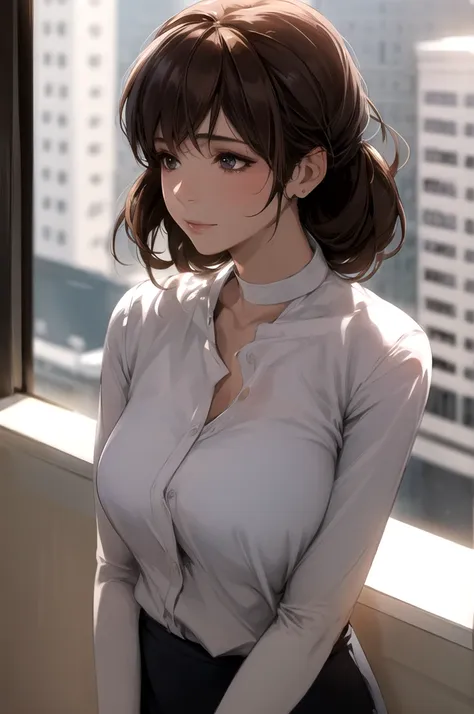 one girl, mature woman, best, bow, highest quality, employment, detailed face, office, building seen from the window, detailed b...