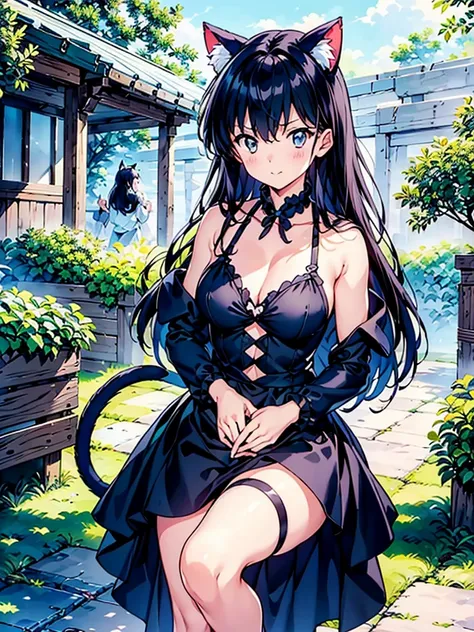 A girl around 20 years old, Attractive appearance、Outdoor、Adult、An illustration：Rumiko Takahashi、Gothic Lolita clotheaid clothes、Cat ear、Animal ears