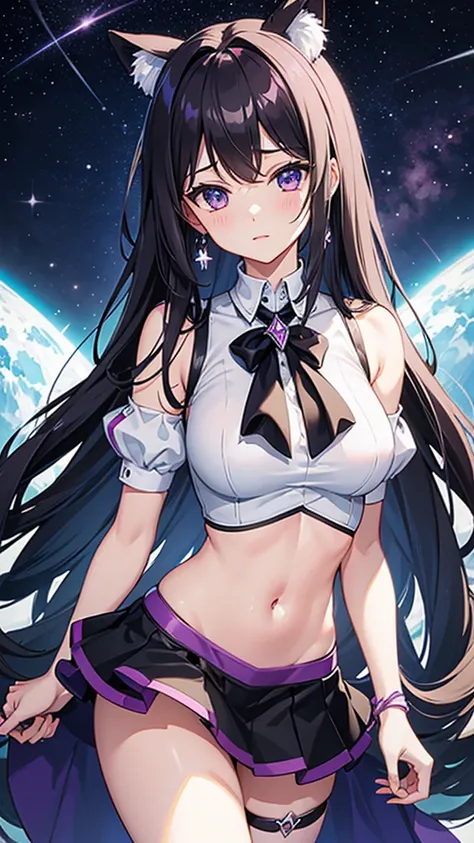 Magical girl　Black costume　mini skirt　Purple long hair　Great style　Large breasts　blush　Embarrassed　universe space