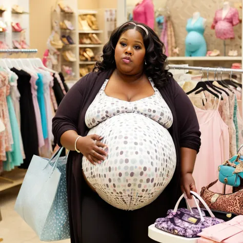 a extremely obese pregnant black business woman is shopping at the alternative style boutique