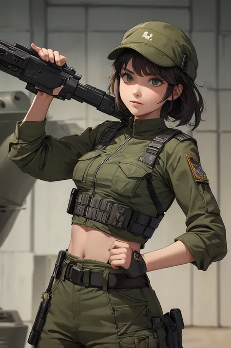 woman wearing military bulletproof crop top , army green cargo pants, belt, military cap, tactical, (open the navel), ((aim the ...