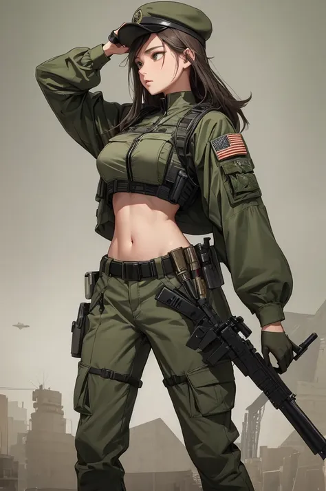 woman wearing military bulletproof crop top , army green cargo pants, belt, military cap, tactical, (open the navel), ((aim the ...