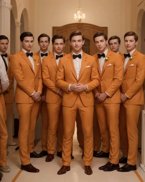 Group of rich and smart boys group of 20 boys  in orange tuxedos for a wedding , ultra realistic 