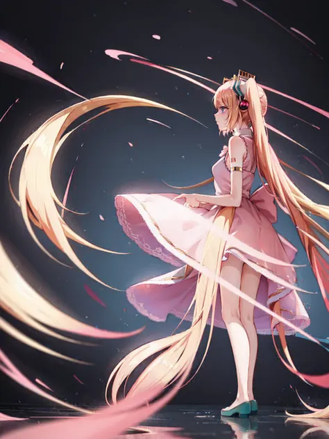 hatsune miku has blonde hair in vertical curls and wears a pink princess-like dress.。noble