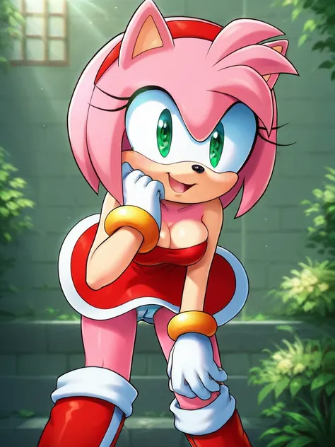 score_9, score_8_up, score_7_up, score_6_up, score_5_up, score_4_up, amy rose, (front view), (2D anime style), anthro furry, pink fur, green eyes, medium breasts, cleavage,  strapless, (cute red short dress), (red boots), (pantyshot), (cute white panties),...