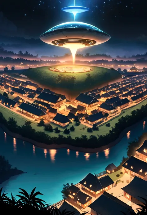 A UFO flying over a village on the edge of a river in the Amazon at night 