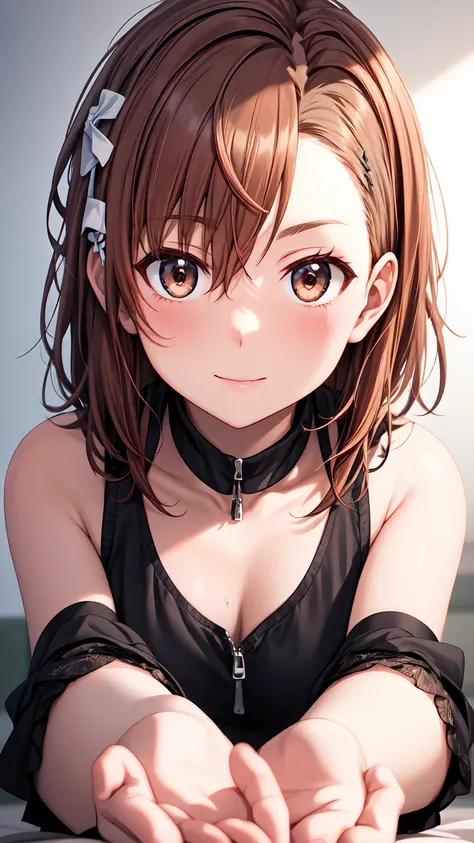 Misaka Mikoto&#39;s Anime View, One girl, Teenage Girl, cute, alone, Chestnut Hair, hairpin,Brown eyes, Are standing, View your viewers,smile,,Anime Style, Nude＋＋　　Miniskirt Big breasts++++　　Thighs+++　Big Breasts:1.2