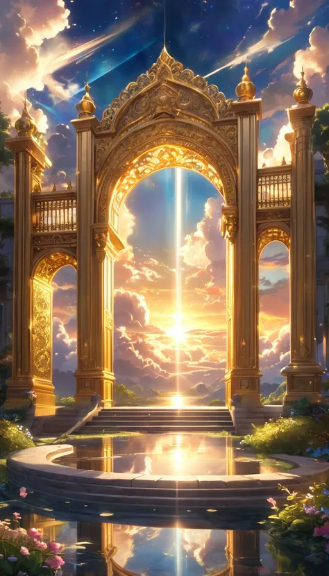 a serene landscape, dramatic cloudy sky, heavenly rays of light, divine light shining through clouds, glowing celestial atmosphere, ornate golden gates, majestic arched entrance, ethereal spiritual ambience, tranquil heavenly vista, ornate golden architect...