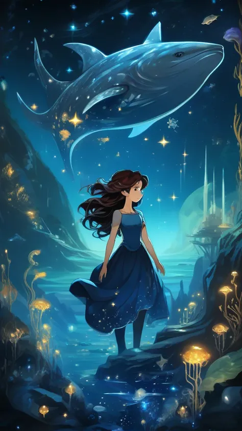 (1girl:1.3),arien_faitytale,fantastic world,undersea starry sky,