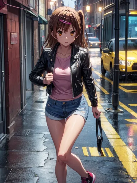 girl, short tight jeans shorts, leather short jacket , you can see her breasts,  street background, openlegs, night, narrow alle...