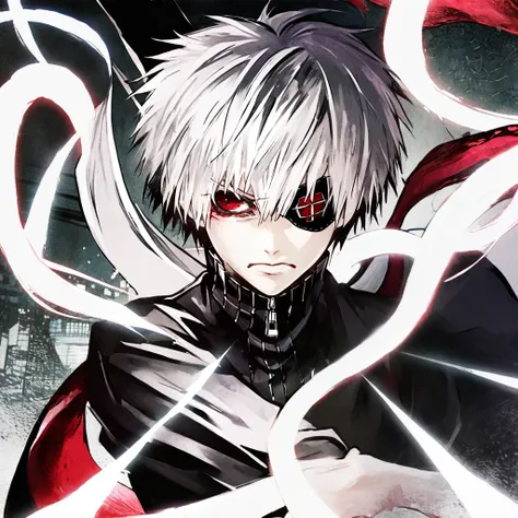 ```
ken kaneki, Tokyo Ghoul, white hair, black outfit, eyepatch, half-ghoul, serious expression, red kakugan eye, kagune tentacles, detailed face, high quality、Acrobatic、Wind-like sensation、

```