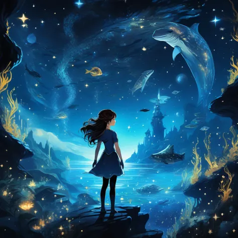 (1girl:1.3),arien_faitytale,fantastic world,undersea starry sky,