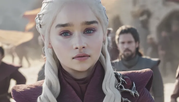 make me an image in the game of thrones universe: targaryen woman, with platinum hair and violet eyes, fair skin, an oval and de...