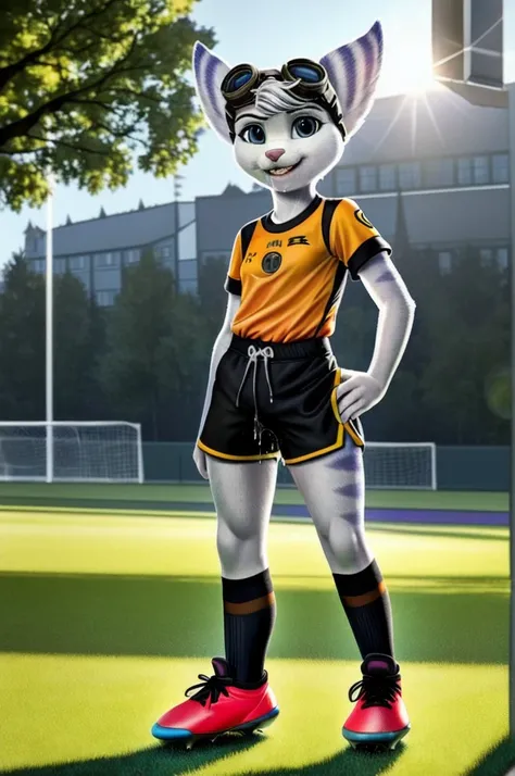 Rivet, tail, furry girl, 1girl, solo, young, (((Germany soccer shorts))), (((Germany soccer shirt))), (((Germany soccer shoes))), standing inside city park, detailed body fur, detailed body, detailed eyes, detailed face, athletic, skinny, high quality, mas...