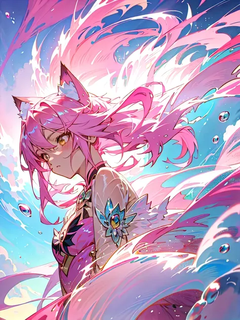 anime girl with pink hair and pink dress floating in water, beautiful anime catgirl, artwork in the style of guweiz, very beautiful anime cat girl, guweiz, guweiz on artstation pixiv, extremely detailed artgerm, beautiful anime girl, guweiz on pixiv artsta...