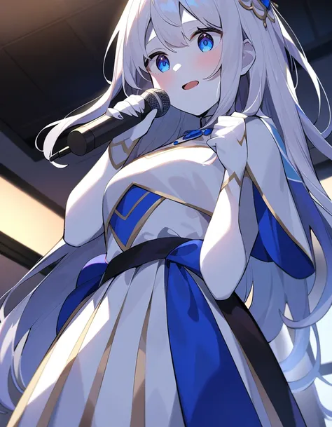 Her beautiful snow-colored hair reaches down to her waist.、A 17-year-old girl with lapis lazuli eyes, White skin, indoor, I love singing and I&#39;m always singing