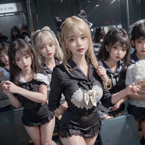 8K resolution, surreal, Super detailed, high quality, perfect anatomy, perfect proportion, masterpiece, nsfw++, 
((((((A group photo in crowded train at night, 6 girls, group photo)))))), 
(((((black face mask, sailor collar, sailor uniform, Lace, micro mi...