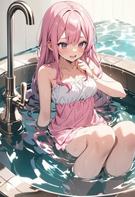 Pink-haired girl bathing in water from a large faucet