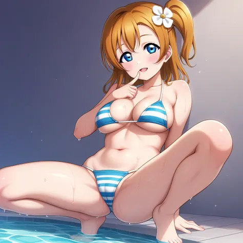 Honoka kousaka love live, blue eyes, orange hair,hair flower, solo, (white multilayer bikini:1.2),wet, on ground,wariza, finger to mouth, big breasts ,cute expression,full body,spread legs