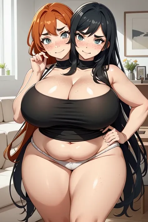 2heads, short chubby woman with 2 heads. Massive breasts. Young, teenager. Freckles. In a messy living room. Titfuck, paizuri. Naked. Deep cleavage. Messy long black hair. Blushing. Happy, smiling. Thick eyeliner. Seductive. Huge thighs. Girlfriend. Smirki...