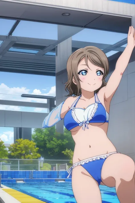 (((pixel-perfect, detail-perfect))), solo, 1girl, you watanabe, eyes azzur, smile, bikini, pool, armpit, big filesize, ultra High Qality