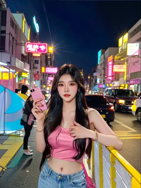 woman in pink top and jeans standing on street corner with cell phone, asian girl with long hair, 24 year old female model, 8k selfie photograph, shot on nikon z9, 8k artgerm bokeh, street pic