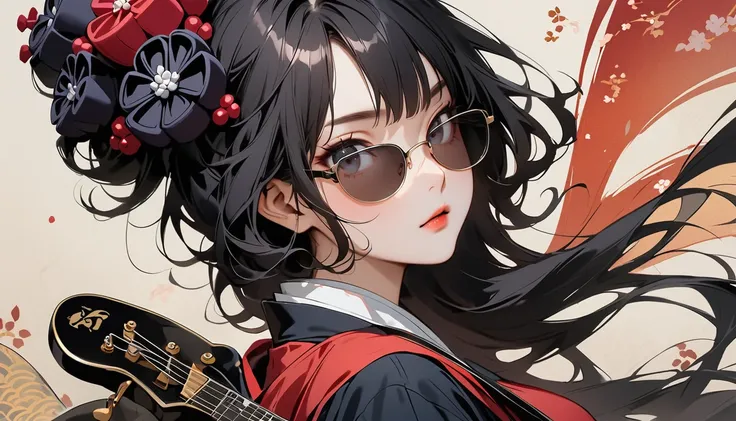 (((Highest quality))), (((Katsushika Hokusai))), (((Ink Painting))), ((very straight longhair)), ((1 girl)), ((sunglasses)), ((beautiful girl)), ((Holding a Les Paul guitar)), Japanese style headphones, Black Hair, Delicate and precise, Modern ukiyo-e styl...