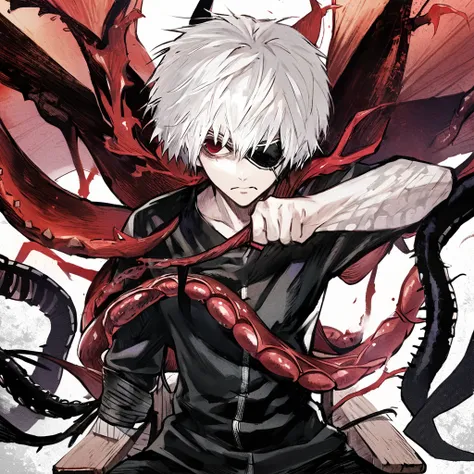 ```
ken kaneki, Tokyo Ghoul, white hair, black outfit, eyepatch, half-ghoul, serious expression, red kakugan eye, kagune tentacles, detailed face, high quality、Quiet appearance、sitting on a wooden chair、Centipede crawling

```