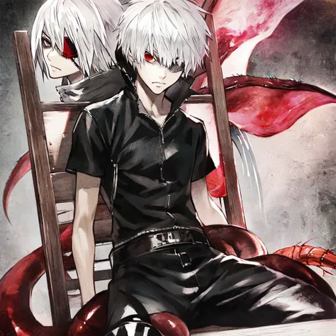 ```
ken kaneki, Tokyo Ghoul, white hair, black outfit, eyepatch, half-ghoul, serious expression, red kakugan eye, kagune tentacles, detailed face, high quality、Quiet appearance、sitting on a wooden chair、Centipede crawling

```