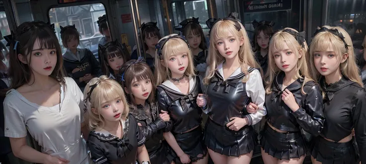 8K resolution, surreal, Super detailed, high quality, perfect anatomy, perfect proportion, masterpiece, nsfw++, 
((((((A group photo in crowded train at night, 6 girls, group photo)))))), 
(((((black face mask, sailor collar, sailor uniform, Lace, micro mi...