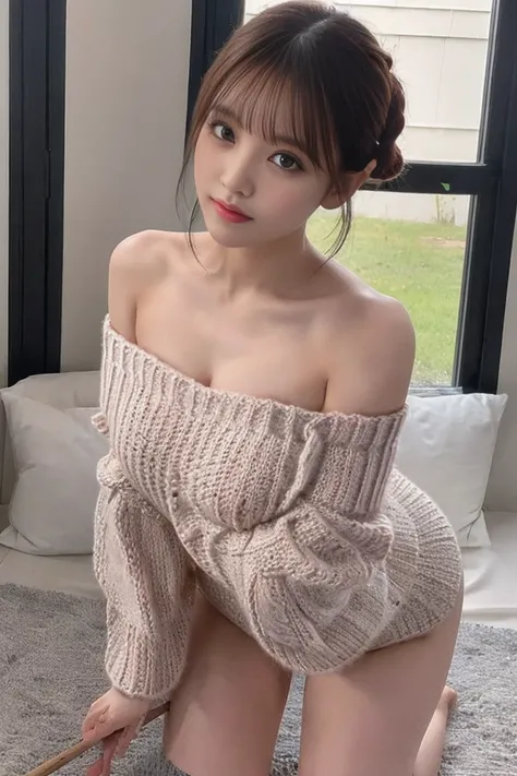 Short Hair、Highest quality, Super detailed, High resolution, 8K images), (((((Off-the-shoulder knit)))))、(Knitted underwear),(bra,Side bust,Underbust),((Show me your)), (((Stick your butt out))),((Squat with legs apart)), Fine and beautiful eyes,Perfect Pr...