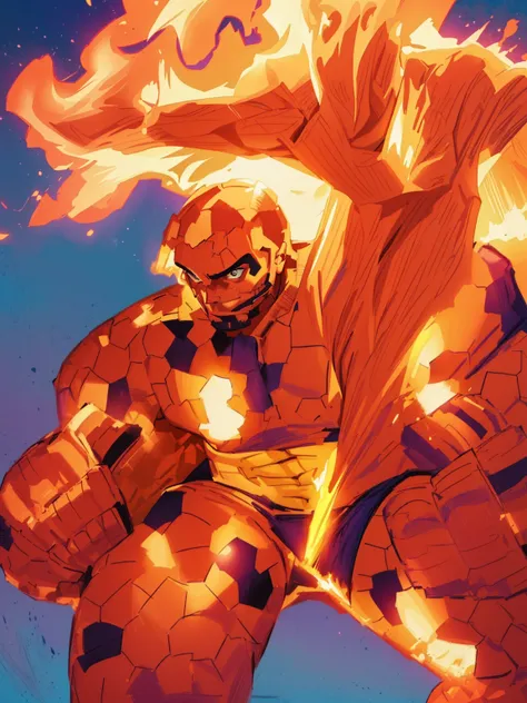 master piece, 8k detail, a close up of a drawing of a man with a fireball, colored screentone, inspired by John Romita Jr, human torch, from the thing, positing on rock super hero pose, john romita junior, full color illustration, john romita senior, by Ja...