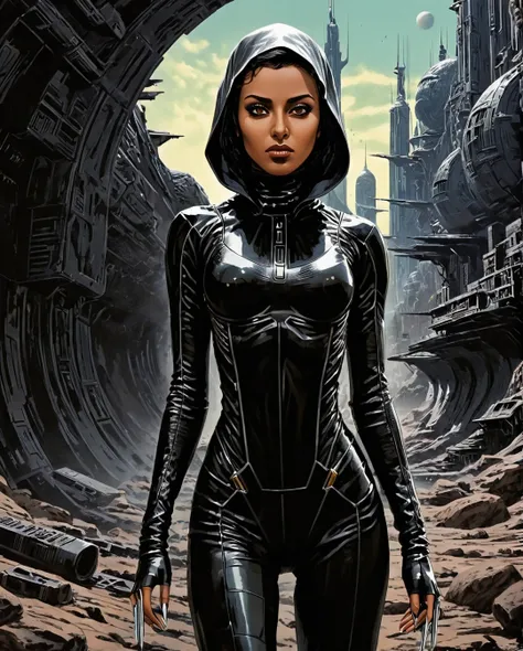 A gracefully dangerous Saudi Arabian woman, with light brown tan skin, brown eyes, and black hair, appears as an assassin and spy in a futuristic Alien planet city and landscape. The image depicts her in sleek, advanced attire that blends seamlessly with t...