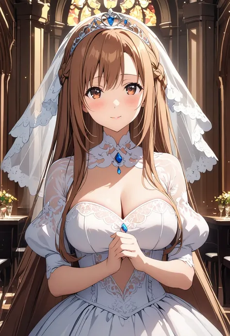 Highest quality、Super detailed、High resolution illustrations、Ultra-high-definition CG、８k size wallpaper、Production Art、Light novel illustrations、（１People Girls)、asuna yuuki, long hair, bangs, brown hair, brown eyes, very long hair, braid, Puff sleeves、Wedd...