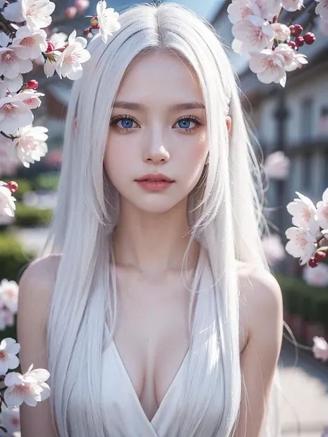 Long white hair, blue eyes, serious features, white skin, cherry blossom 