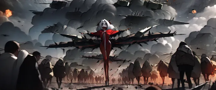 (((masterpiece,Highest quality))),(((A terrifying anime goddess of vengeance raging in the air with her silver hair standing on end))),((A battlefield with missiles and explosions flying around in a cloudy storm)),(Arms and legs spread),(Looking down on th...