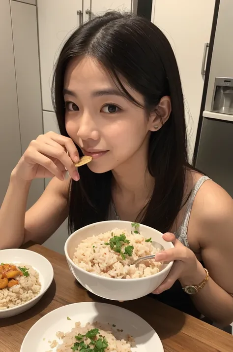 A beautiful woman eating delicious brown rice