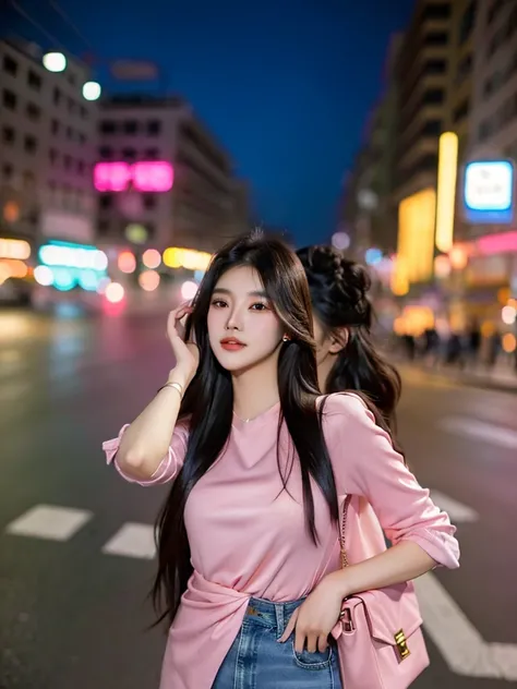 woman in pink top and jeans standing on street corner with mini camera, show kissing lips, asian girl with long hair, 24 year old female model, 8k selfie photograph, shot on nikon z9, 8k artgerm bokeh, street pic