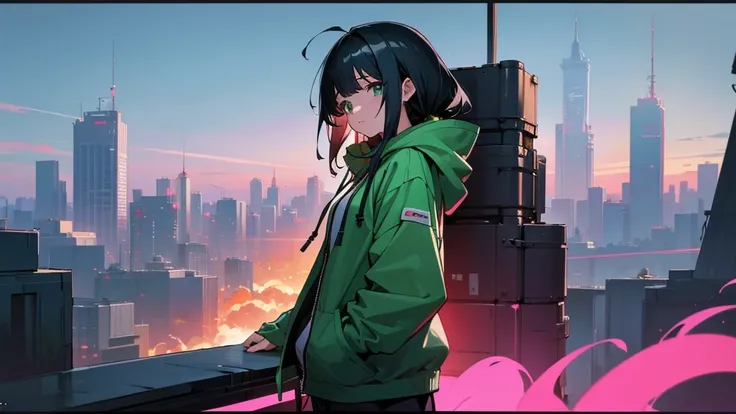 Anime girl in green hoodie standing in front of city skyline, Cyberpunk anime girl in a hoodie, black haired Girl wearing a hoodie, Girl wearing a hoodie, Anime Style 4 k, Anime Style. 8K, Wearing a hoodie, Digital anime illustration, アニメアート壁紙 8K, Inspired...