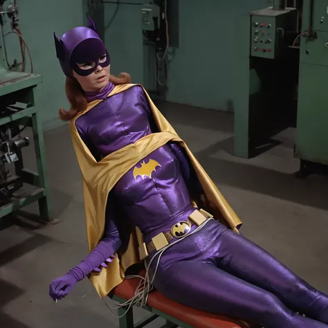 yvonne craig woman, in pain, a cable around her body squeeze her stomach. In a factory, 60s style, analog film, snapshot, film grain  