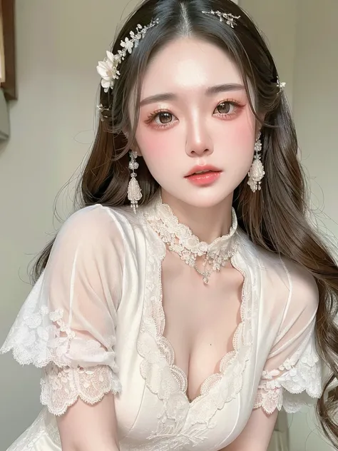 Realistic photos (one cute korean actress) Straight long hair, light makeup, Medium chest, Long dress, close, Canon EOS 8K high resolution captures facial features clearly, Sharp details, Realistically、White lace dress